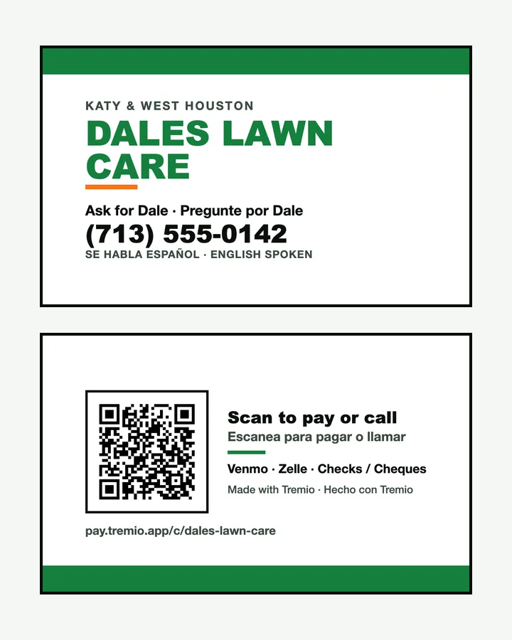 The front and back of a Dale's Lawn Care business card: the name, phone number and languages, and a QR code to scan to pay or call